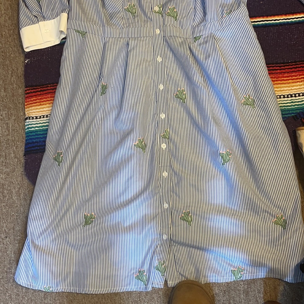 Modcloth Blue & White Striped Midi Shirt Dress with Green Embroidery - Picture 3 of 7